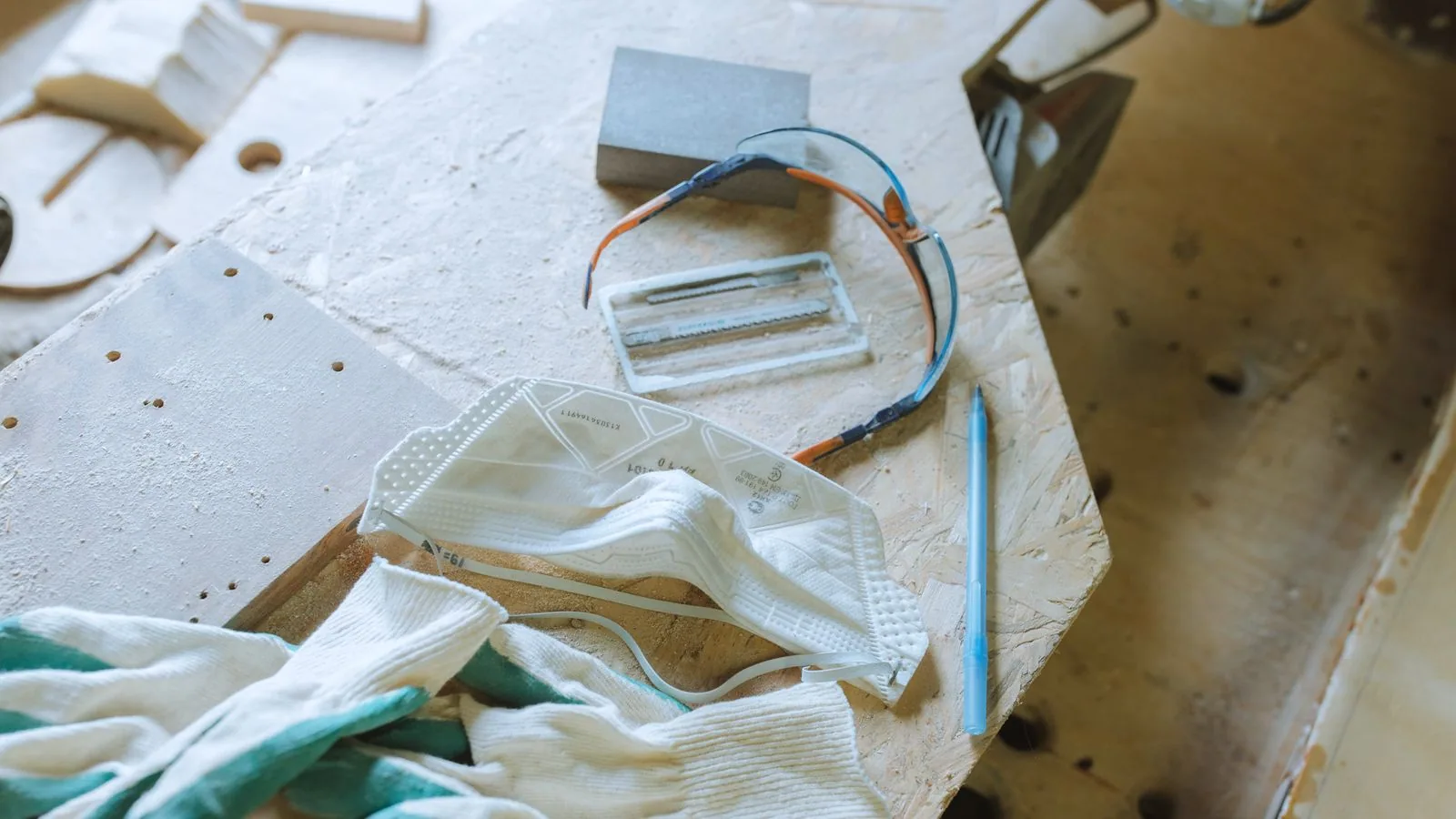 Photographie : des lunettes et des gants de protection sur un plan de travail